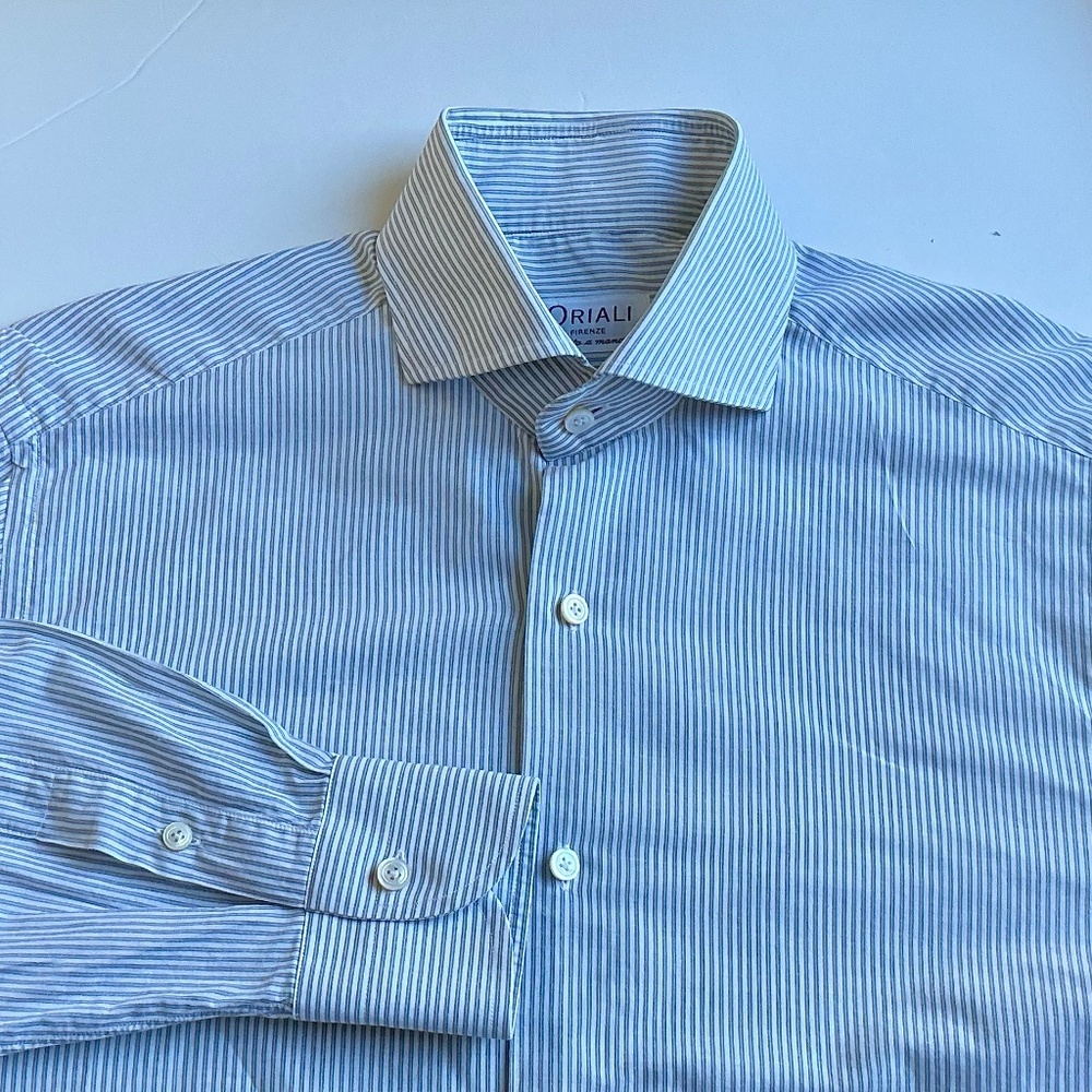 ORIALI Firenze gray pinstripe fine Cotton shir Sz 16 made by hand in Italy  🇮🇹